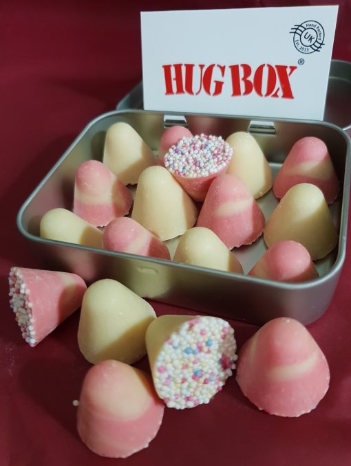 pink and white chocolate in gift tin hug box