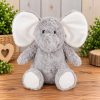 Personalised Elephant Hug Box featuring a soft grey elephant plush toy with large white ears and cream foot pads