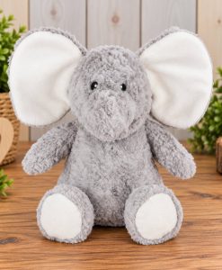Personalised Elephant Hug Box featuring a soft grey elephant plush toy with large white ears and cream foot pads