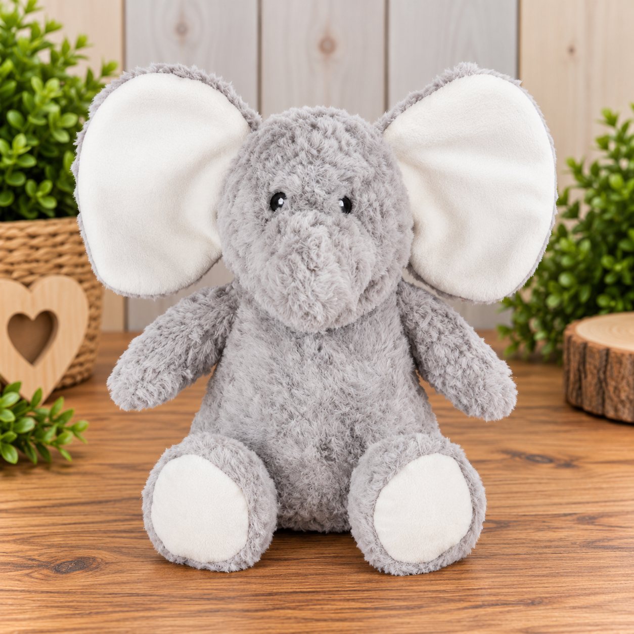 Personalised Elephant Hug Box featuring a soft grey elephant plush toy with large white ears and cream foot pads