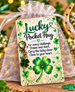 Lucky Pocket Hug keepsake with four-leaf clover design, good luck poem and matching clover charm in an organza gift bag