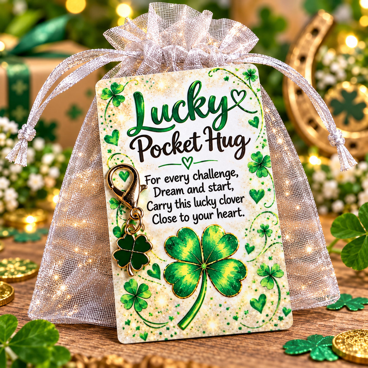 Lucky Pocket Hug keepsake with four-leaf clover design, good luck poem and matching clover charm in an organza gift bag